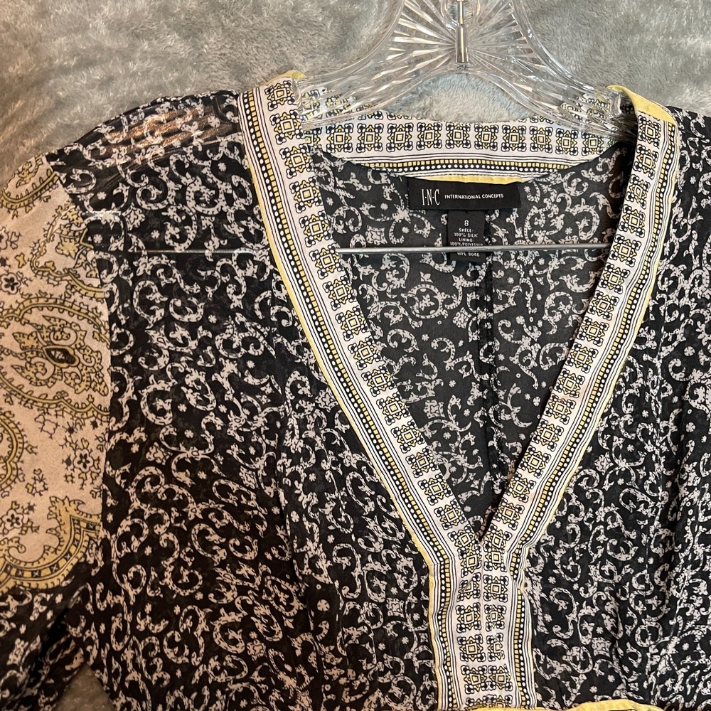 INC Women Sheer Silk Tunic Top Size 8 Boho Babydoll 70s Retro Paisley Festival